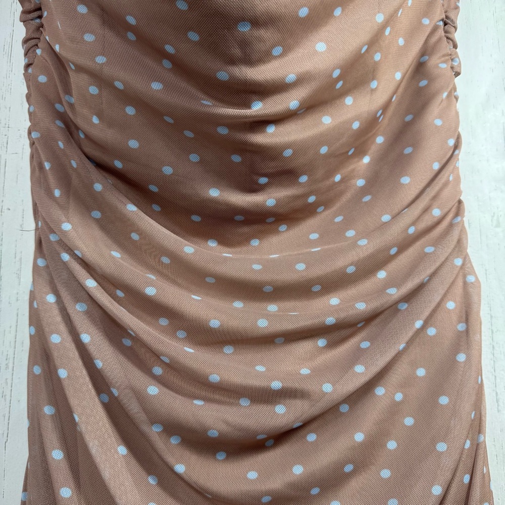 Zara Strapless Polka Dot Midi Dress Nude Beige Ruched Bodycon XL Neutral Classy - Picture 9 of 15
